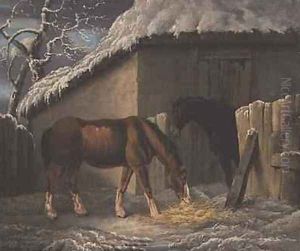 A Winter landscape with two horses feeding outside a stable by Thomas Hand