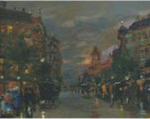 Busy Street Scene At Night, Budapest by Antal Berkes