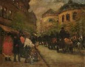 A Busy Continental Street Scene by Antal Berkes