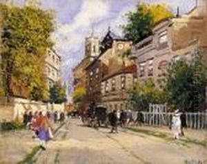 Street Scene With A Horse Cab by Antal Berkes