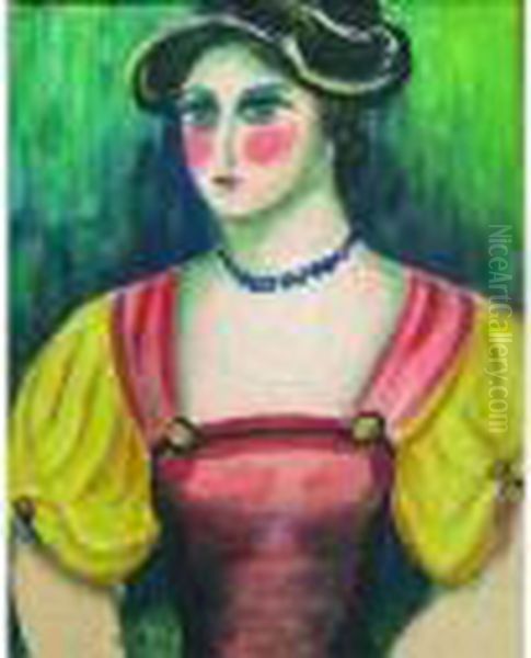 Portrait De Femme Au Chapeau Et Au Collier De Perles Bleues. - view 1