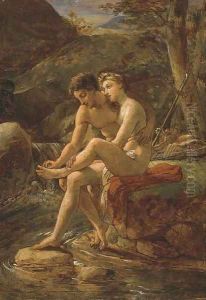 Daphnis pulling a thorn from Chloe's foot by a river by Louis Hersent