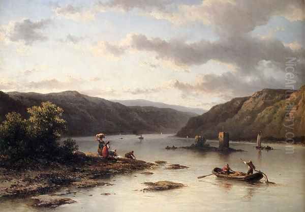 A Rhenish River Landscape With Fishermen In A Boat And Washerwomen On A Bank - view 1