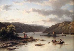 A Rhenish River Landscape With Fishermen In A Boat And Washerwomen On A Bank