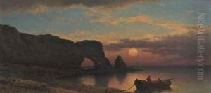 Fishermen at work on a rocky coast at dusk by Johannes Hilverdink