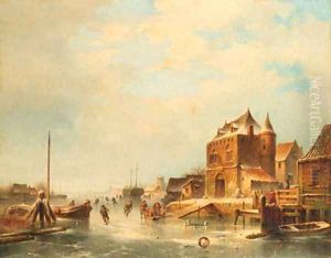 A winter landscape with skaters on a frozen river by a towngate