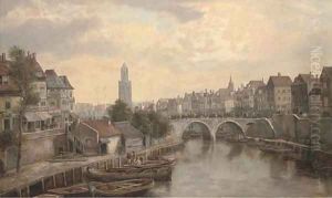 Figures on a bridge in a continental town by William Howard Hart