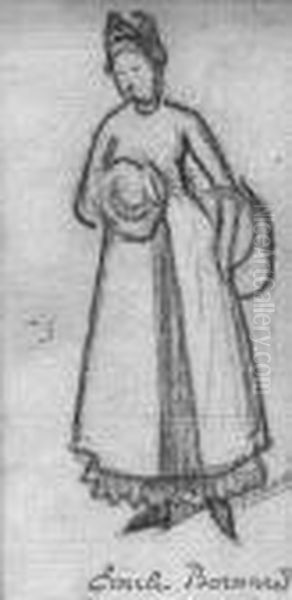 Bernard, Emile: Girl With A 
Basket, Ca. 1888.charcoal On Paper, Mounted On Blue Paper. Studio Stamp.
 - Stained.minimally Brownish. 3 Tears - view 1