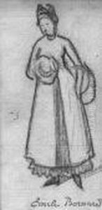 Bernard, Emile: Girl With A 
Basket, Ca. 1888.charcoal On Paper, Mounted On Blue Paper. Studio Stamp.
 - Stained.minimally Brownish. 3 Tears by Emile Bernard