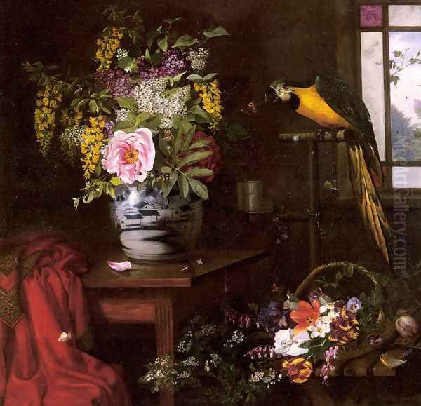 A Still Life With A Vase, Basket And Parrot - view 1