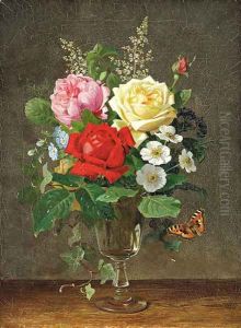 A vase of roses with a butterfly by Olaf August Hermansen