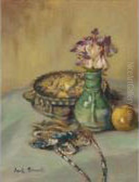 Nature Morte Au Tamborine Et Vase De Fleurs - view 1