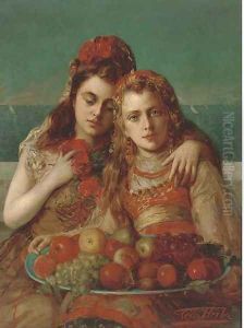 Friends eating fruit by the sea by Leon Herbo