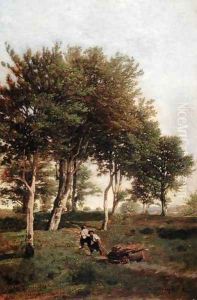 Landscape with Two Boys Carrying by Henri-Joseph Harpignies