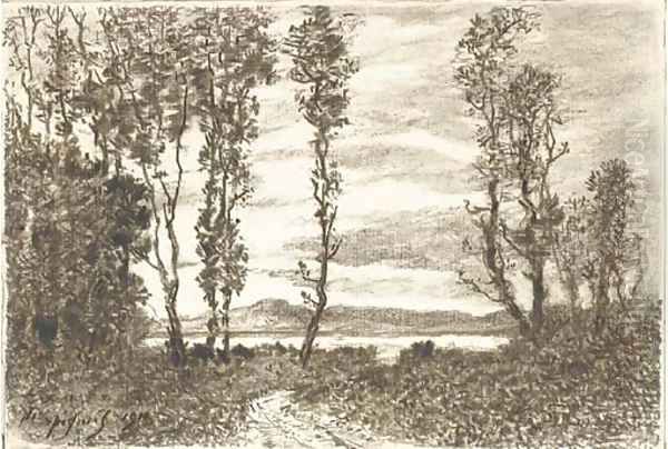 A path through a wood leading to a lake, hills in the distance by Henri-Joseph Harpignies