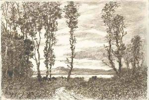A path through a wood leading to a lake, hills in the distance by Henri-Joseph Harpignies