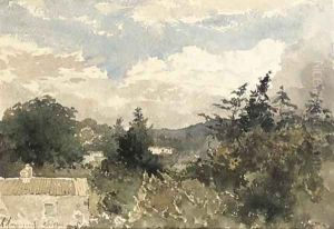 A hilly landscape with a house in the foreground A hilly landscape with a house in the foreground