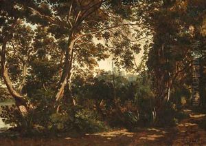 A wooded forest with a town beyond by Henri-Joseph Harpignies