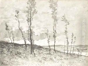 An extensive landscape seen through an avenue of poplar trees by Henri-Joseph Harpignies