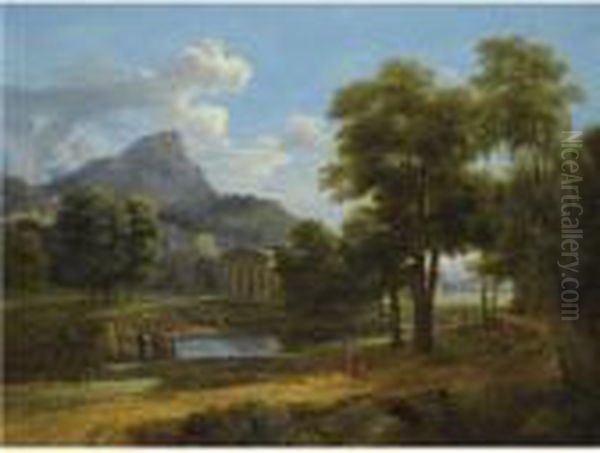 A Mountainous Landscape With Figures By A Lake Before A Classicaltemple - view 1
