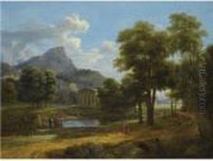 A Mountainous Landscape With Figures By A Lake Before A Classicaltemple by Jean-Victor Bertin