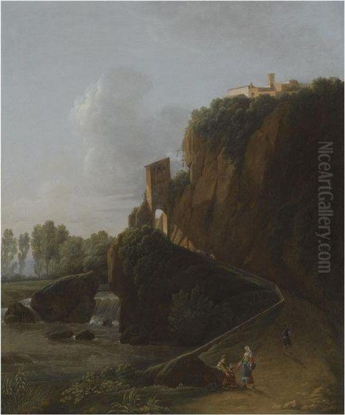 A Landscape With A Waterfall And
Figures On A Path Leading To Ahill-top Town, Possibly Montecassino by Jean-Victor Bertin