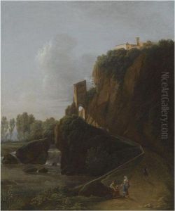 A Landscape With A Waterfall And
 Figures On A Path Leading To Ahill-top Town, Possibly Montecassino by Jean-Victor Bertin