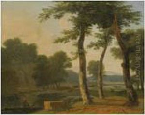 A Pastoral River Landscape With A Figure Beside A Path In Theforeground by Jean-Victor Bertin