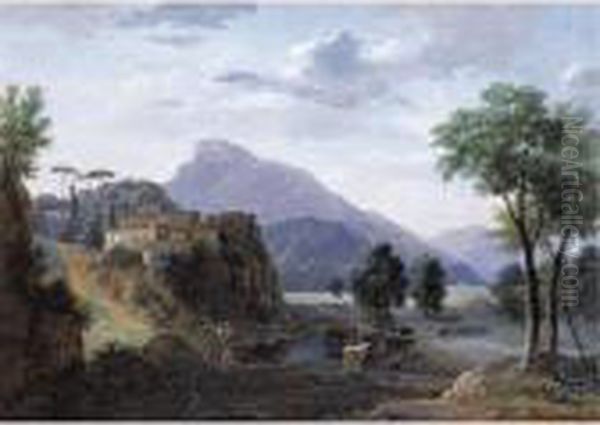 Italianate Mountainous Landscape With A Shepherd And Cattle Crossing A River - view 1