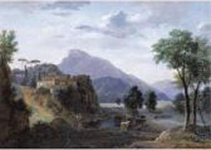 Italianate Mountainous Landscape With A Shepherd And Cattle Crossing A River by Jean-Victor Bertin