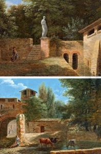 Parco Con Una Fanciulla E Una Statua; Pastore Con Gregge Di Mucche Dinanzi Ad Un Podere by Jean-Victor Bertin