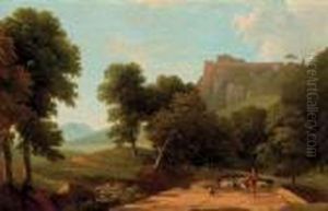 A Classical Landscape With A Shepherd And His Flock, Fortifications On A Hilltop Beyond by Jean-Victor Bertin