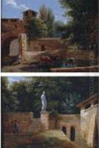 A Sunken Garden With A Girl And A Statue A Sunken Garden With A Girl And A Statue