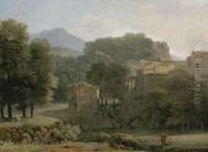 A Wooded Landscape With Figures By A Brook, A Town Beyond