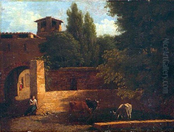 Berger A L'entree D'une Ferme. Toile.(accidents). 16,5 X 22 Cm - view 1