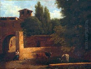 Berger A L'entree D'une Ferme. Toile.(accidents). 16,5 X 22 Cm by Jean-Victor Bertin