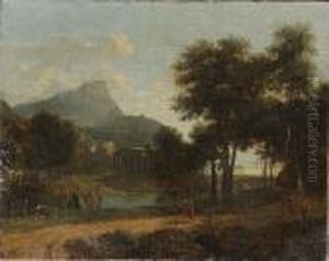 A Wooded Landscape With A 
Shepherd Before A Hamlet; And Travellers On A Track, A Temple Beyond