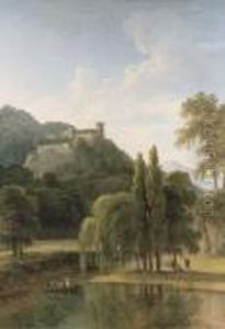 A River Landscape With Classical Figures In A Boat, A Hilltop Castle Beyond by Jean-Victor Bertin