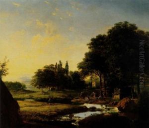 An Arcadian Landscape At Sunset 
With Figures Dancing Near A Tomb, A Classical Temple Beyond