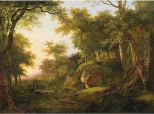 Wooded Landscape With Two Figures Beside A Stream by Jean-Victor Bertin