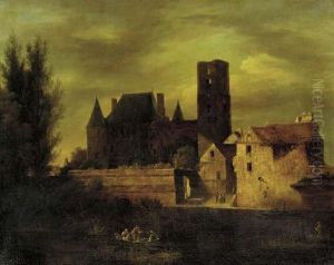 Figures In A Boat On A River By A City With A Castle Figures In A Boat On A River By A City With A Castle