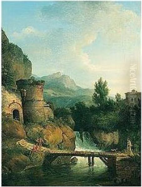 A River Landscape With Fishermen
And A Lady With A Dog Crossing A Small Wooden Bridge, A Waterfall And
Mountains Beyond by Jean-Victor Bertin
