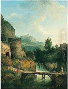 A River Landscape With Fishermen
 And A Lady With A Dog Crossing A Small Wooden Bridge, A Waterfall And 
Mountains Beyond by Jean-Victor Bertin