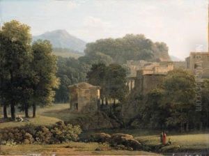 A Wooded Classical Landscape With Figures By A Brook, A Townbeyond