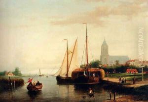 A Moored Haybarge And Other Shipping By A Bleach-field, In The Harbour Of Manninckendam by Johannes Frederik Hulk, Snr.