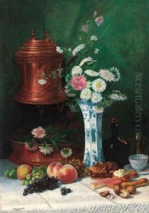 Summer flowers in a Chinese ceramic vase with fruit and pastries on a table