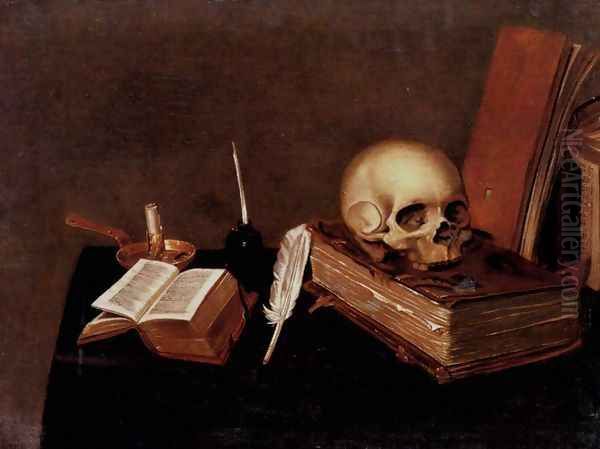 A vanitas still life with a candle, an inkwell, a quill pen, a skull and books - view 1