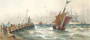 Figures on a jetty with shipping in the Channel beyond