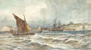 A trading brig and other shipping in the Channel off Dover by Thomas Bush Hardy