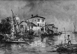 Figures In Fishing Boats On A Venetian Canal by Thomas Bush Hardy